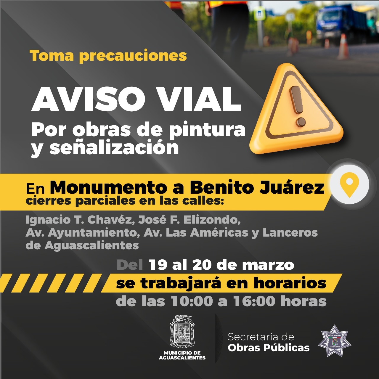 Aviso vial por obras de pintura y señalización