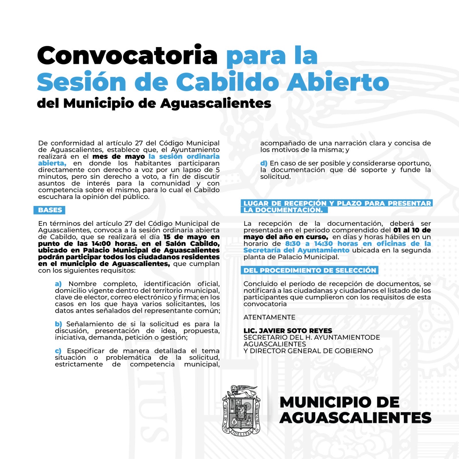 Invita Ayuntamiento de Aguascalientes a participar en la próxima Sesión Ordinaria Abierta de Cabildo